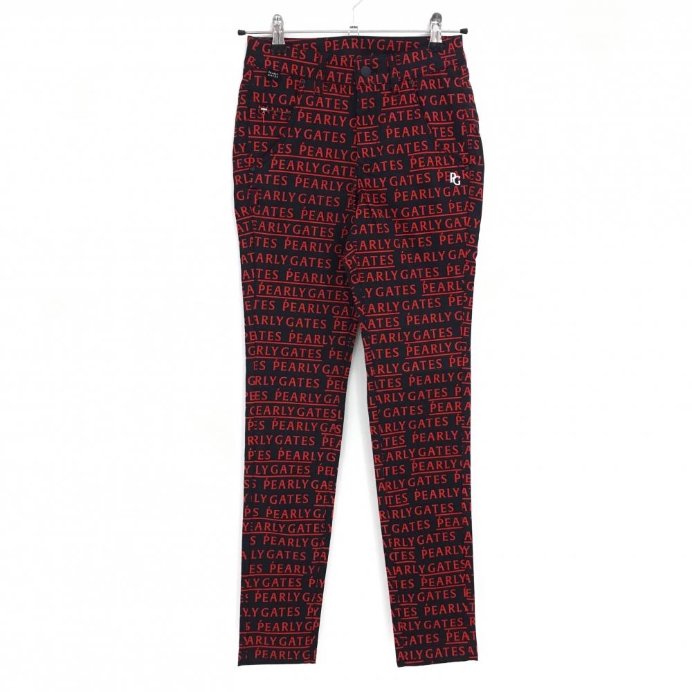 【新品】パーリーゲイツ パンツ 黒×レッド ロゴ総柄 刺しゅう白 レディース 00(XS) ゴルフウェア PEARLY GATES