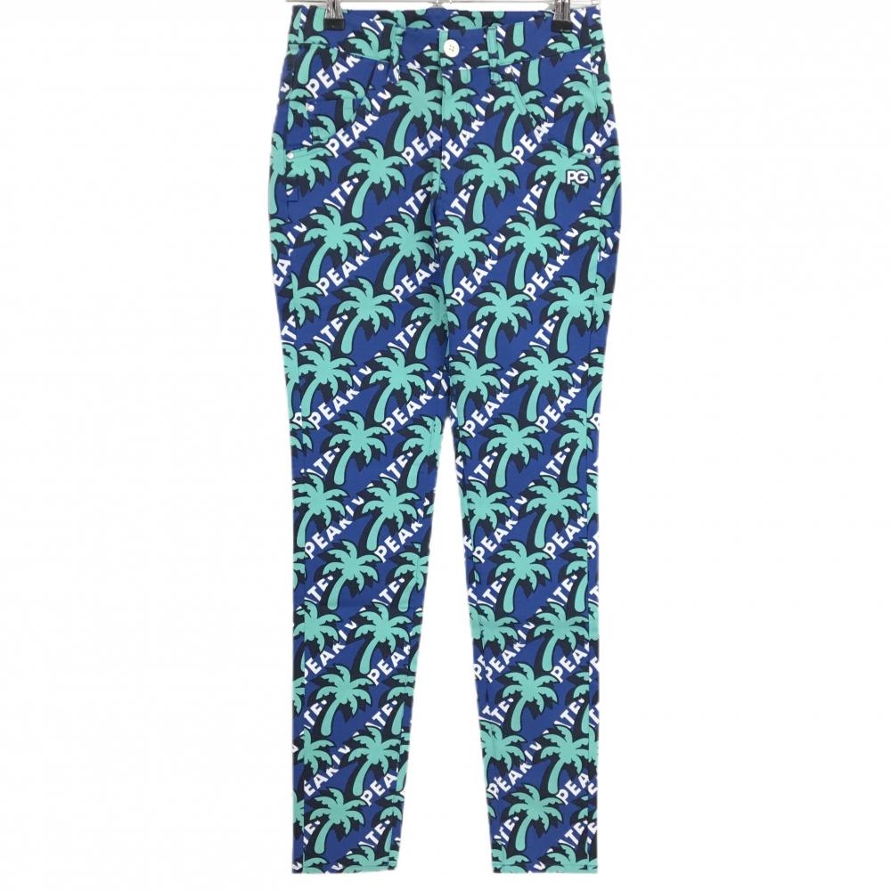 【新品】パーリーゲイツ パンツ ネイビー×エメラルドグリーン ヤシの木柄 ロゴ刺しゅう  レディース 0(S) ゴルフウェア PEARLY GATES