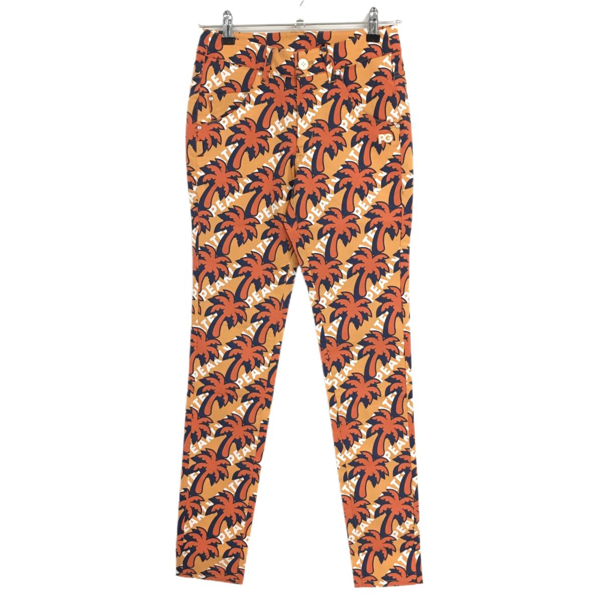 【新品】パーリーゲイツ パンツ ライトオレンジ×オレンジ ヤシの木柄 ロゴ刺しゅう 接触冷感 レディース 0(S) ゴルフウェア PEARLY GATES