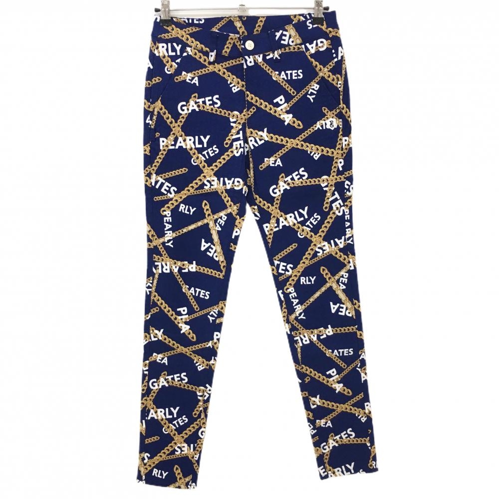 【新品】パーリーゲイツ パンツ ネイビー×ゴールド チェーン柄 織生地 レディース 1(M) ゴルフウェア PEARLY GATES