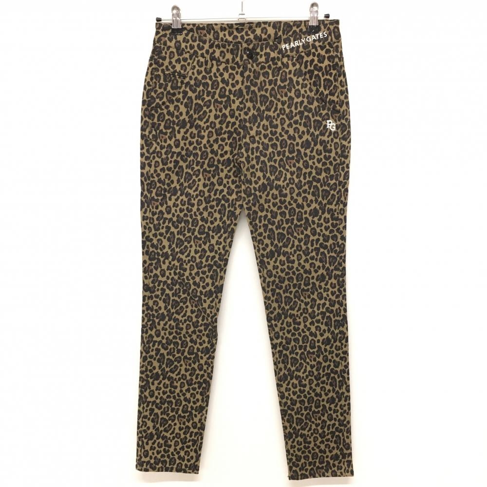 【新品】パーリーゲイツ パンツ ベージュ系×黒 レオパード ロゴ白 ストレッチ レディース 1(M) ゴルフウェア PEARLY GATES