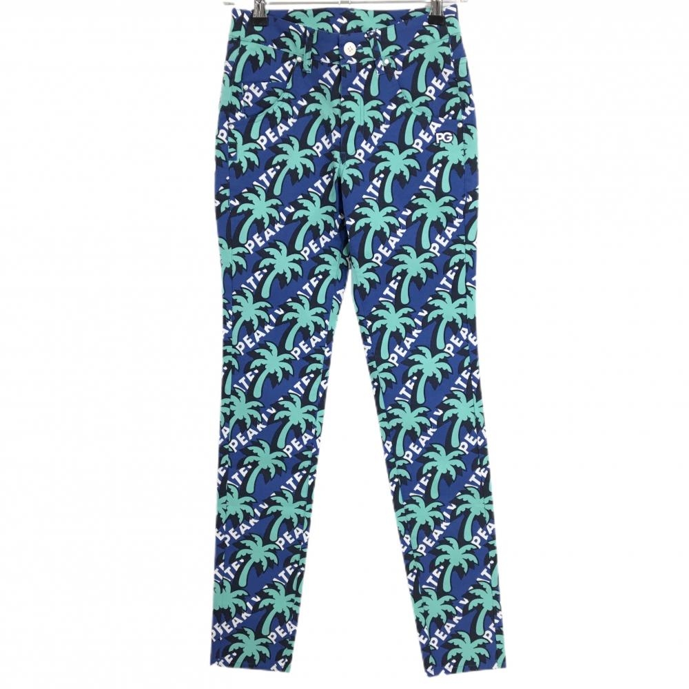 【新品】パーリーゲイツ パンツ ネイビー×エメラルドグリーン ヤシの木柄 ロゴ刺しゅう  レディース 1(M) ゴルフウェア PEARLY GATES