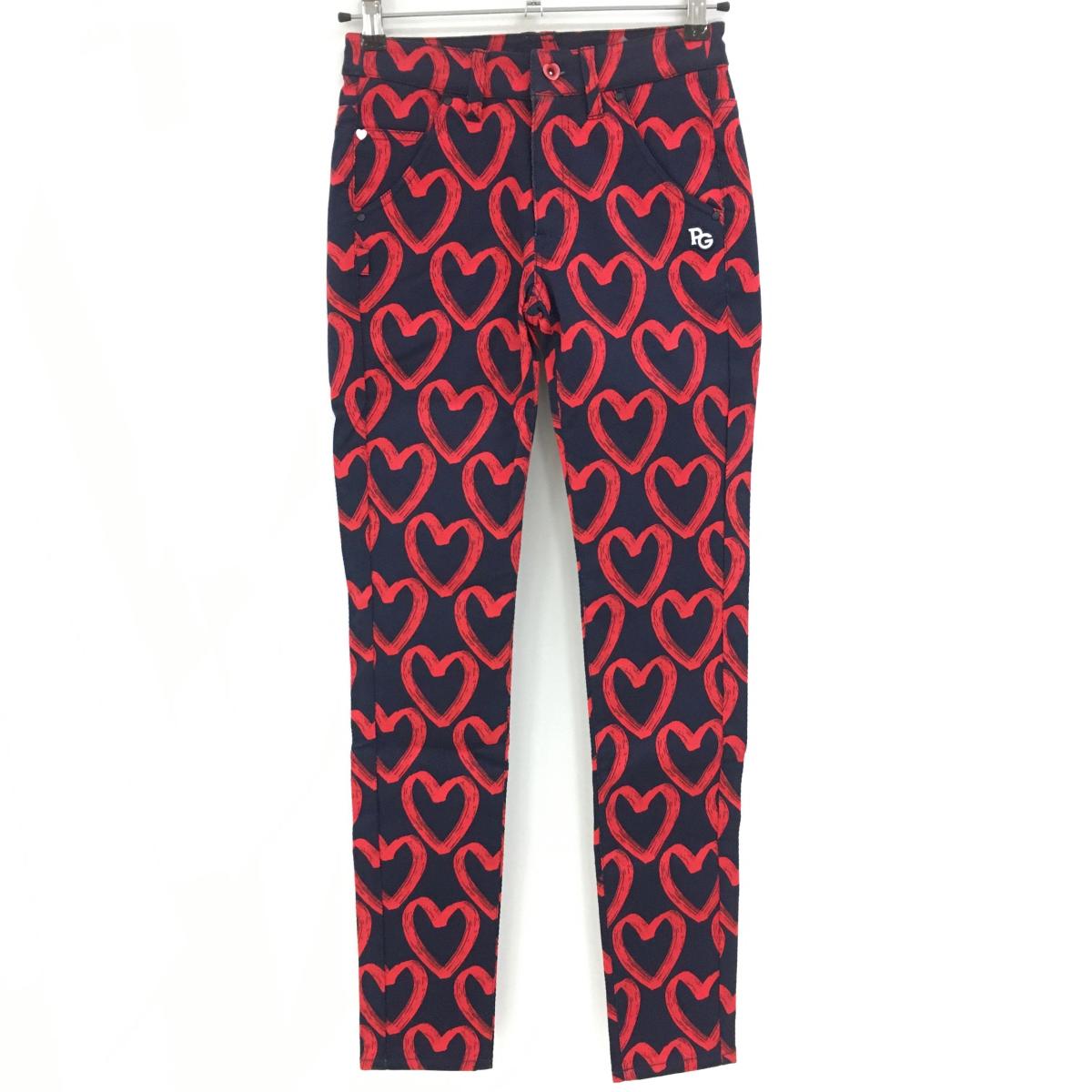 【新品】パーリーゲイツ パンツ ネイビー×レッド ハート柄 ロゴ刺しゅう レディース 00(XS) ゴルフウェア PEARLY GATES