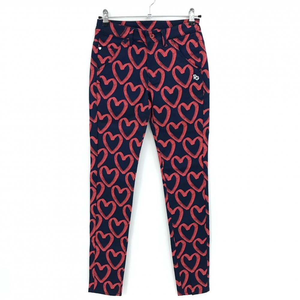 【新品】パーリーゲイツ パンツ ネイビー×レッド ハート柄 ロゴ刺しゅう レディース 0(S) ゴルフウェア PEARLY GATES