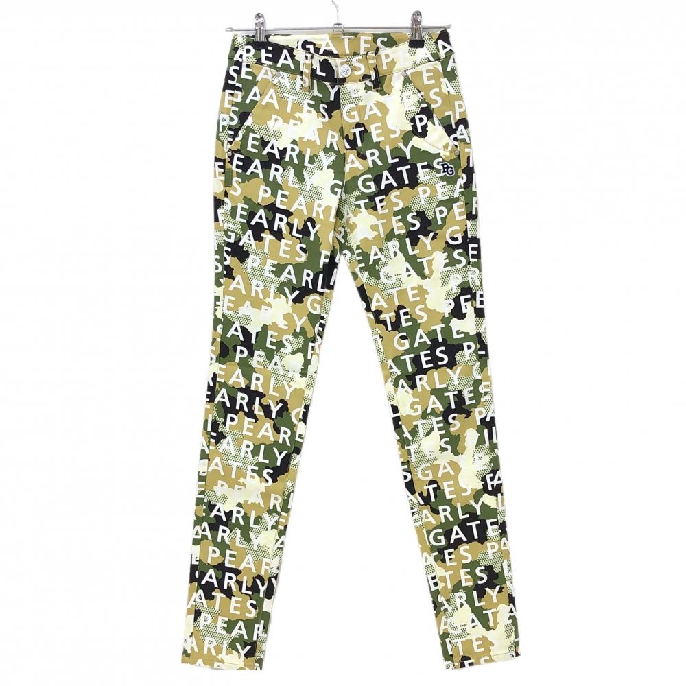 【新品】パーリーゲイツ パンツ カーキ×白 ロゴ総柄 カモフラ調 迷彩 ロゴ刺しゅう レディース 0(S) ゴルフウェア PEARLY GATES