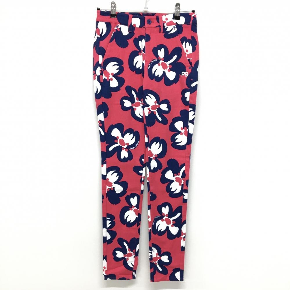【新品】パーリーゲイツ パンツ レッドピンク×ネイビー 花柄 ロゴ刺しゅう レディース 0(S) ゴルフウェア PEARLY GATES