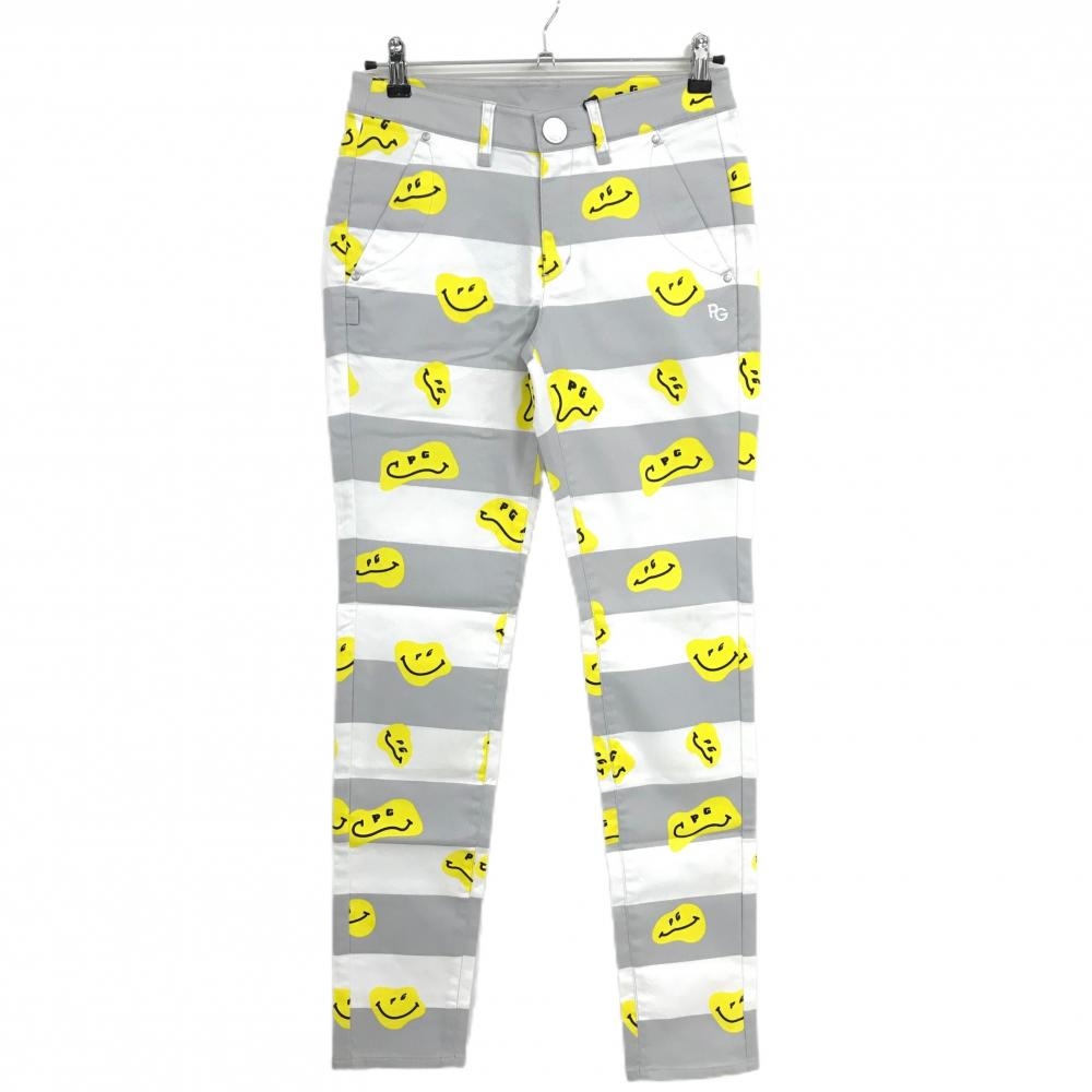 【美品】パーリーゲイツ パンツ 白×グレー×イエロー TOKE NIKO ボーダー ロゴ刺しゅう  レディース 1(M) ゴルフウェア PEARLY GATES