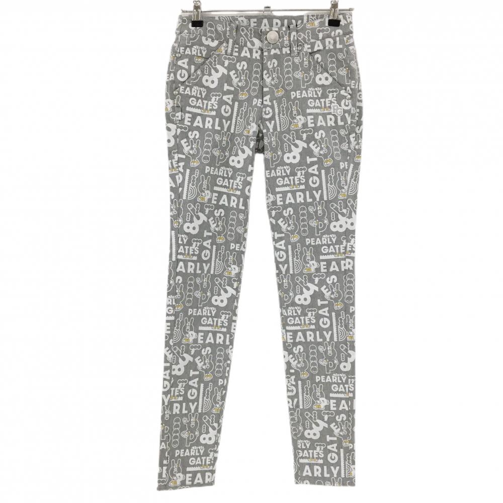 【新品】パーリーゲイツ パンツ グレー×白 ロゴ総柄 どうしちゃったPG ボーダー織生地 レディース 0(S) ゴルフウェア PEARLY GATES