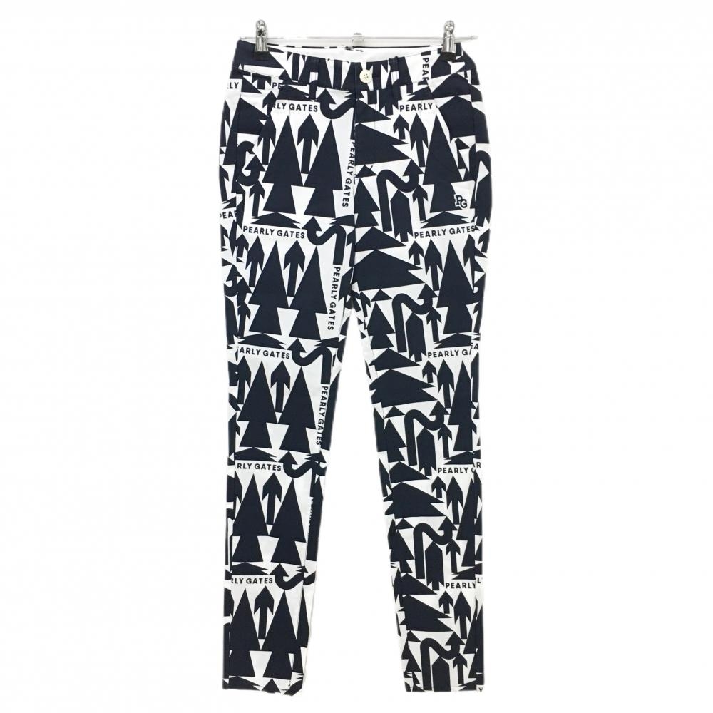 【新品】パーリーゲイツ パンツ 白×ネイビー ヤジルシ柄 ロゴ刺しゅう レディース 0(S) ゴルフウェア PEARLY GATES