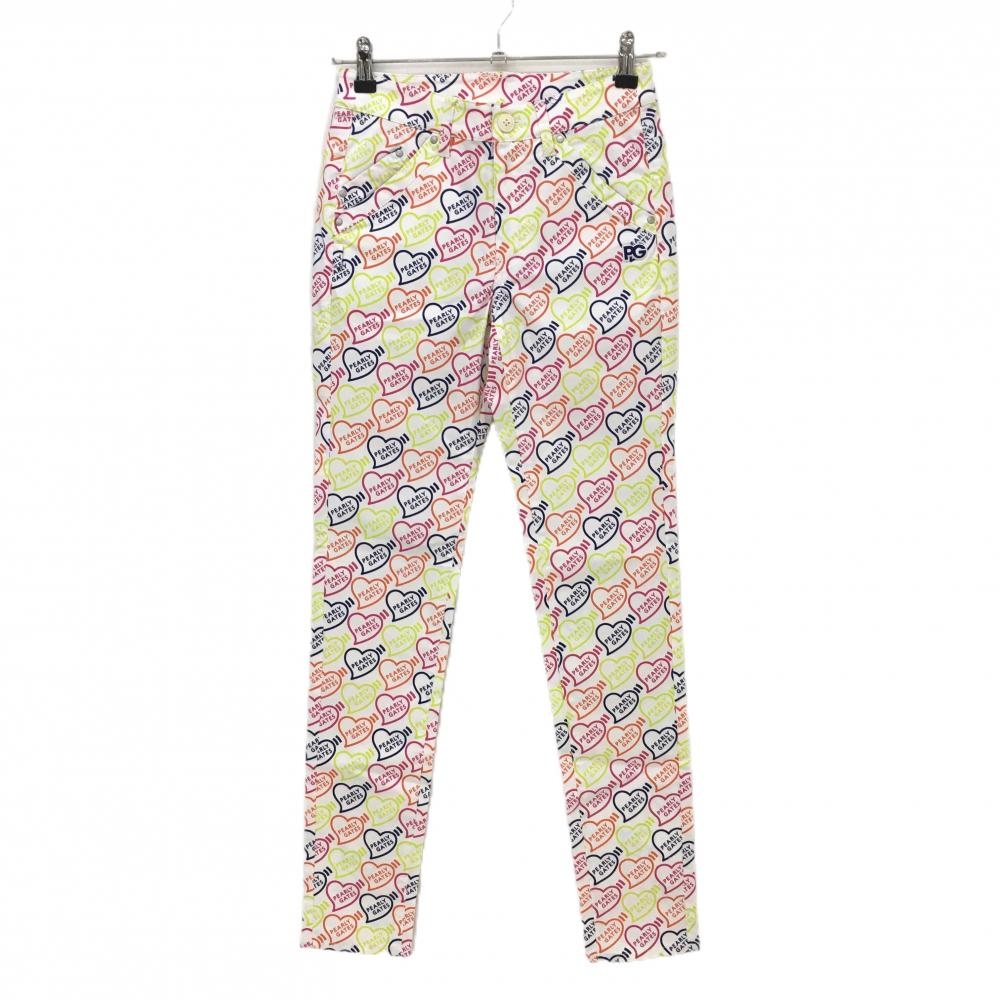 【新品】パーリーゲイツ パンツ 白×マルチカラー ハートロゴ総柄 ストレッチ レディース 00(XS) ゴルフウェア PEARLY GATES