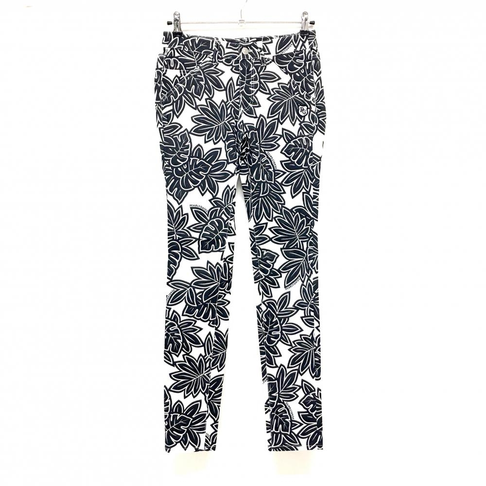 【美品】パーリーゲイツ パンツ 白×ダークネイビー リーフ柄 レディース 0(S) ゴルフウェア PEARLY GATES