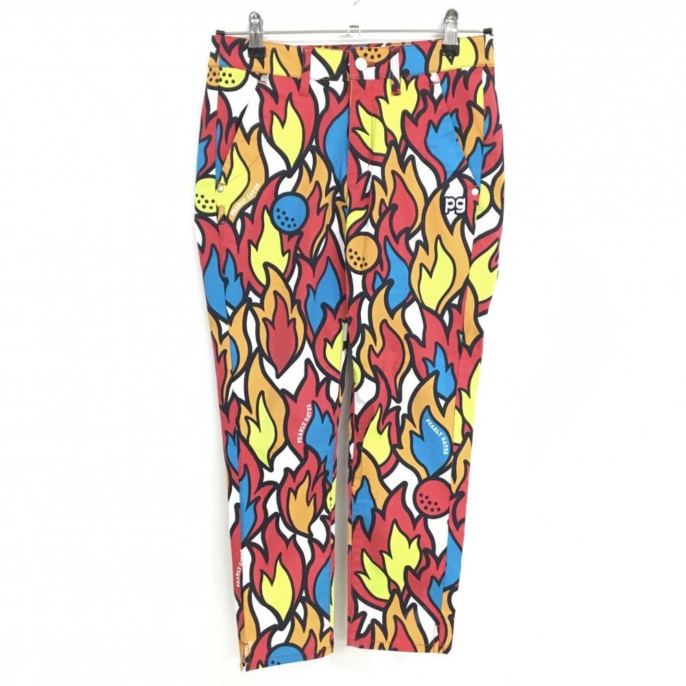 【美品】パーリーゲイツ パンツ レッド×ライトブルー 総柄 内側30周年 ストレッチ  レディース 0(S) ゴルフウェア PEARLY GATES