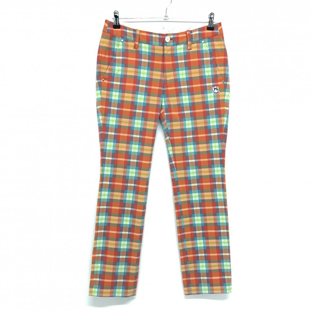 【超美品】パーリーゲイツ パンツ オレンジ×ブルーグリーン チェック ストレッチ  レディース 1(M) ゴルフウェア PEARLY GATES