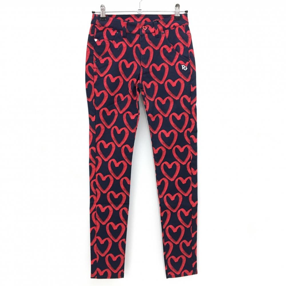 【新品】パーリーゲイツ パンツ ネイビー×レッド ハート柄 ロゴ刺しゅう レディース 0(S) ゴルフウェア PEARLY GATES