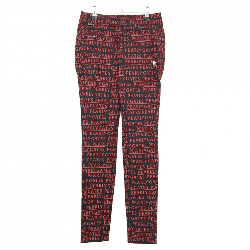 【新品】パーリーゲイツ パンツ 黒×レッド ロゴ総柄 刺しゅう白 レディース 00(XS) ゴルフウェア PEARLY GATES