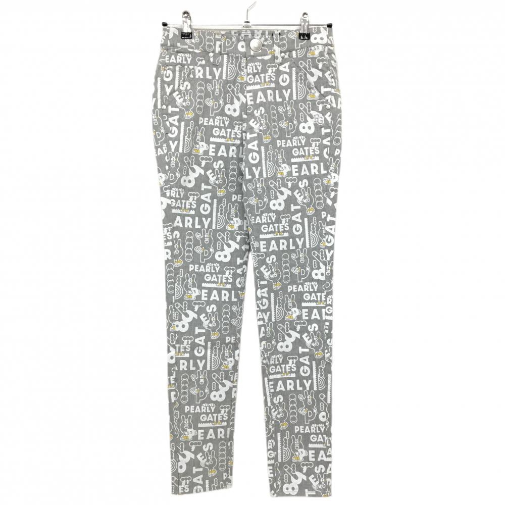 【新品】パーリーゲイツ パンツ グレー×白 ロゴ総柄 どうしちゃったPG ボーダー織生地 レディース 0(S) ゴルフウェア PEARLY GATES