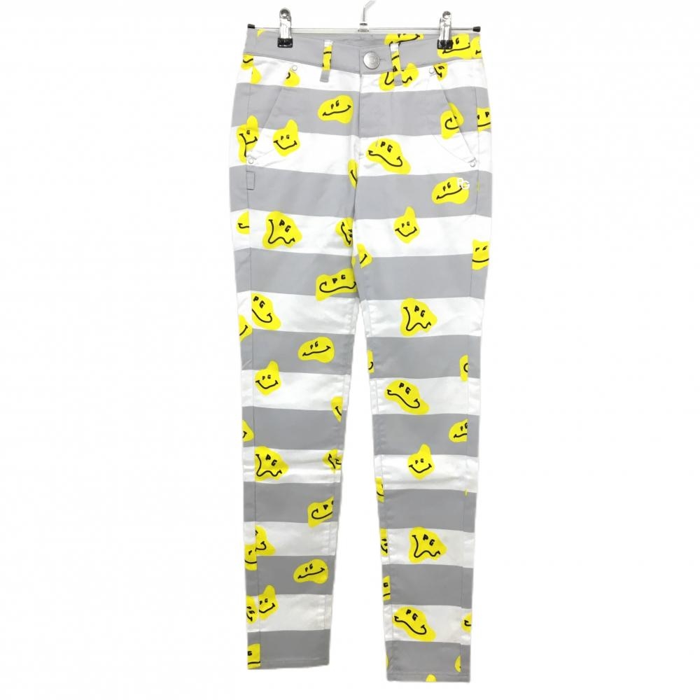 【新品】パーリーゲイツ パンツ グレー×白×イエロー ボーダー TOKENIKO ストレッチ レディース 0(S) ゴルフウェア PEARLY GATES