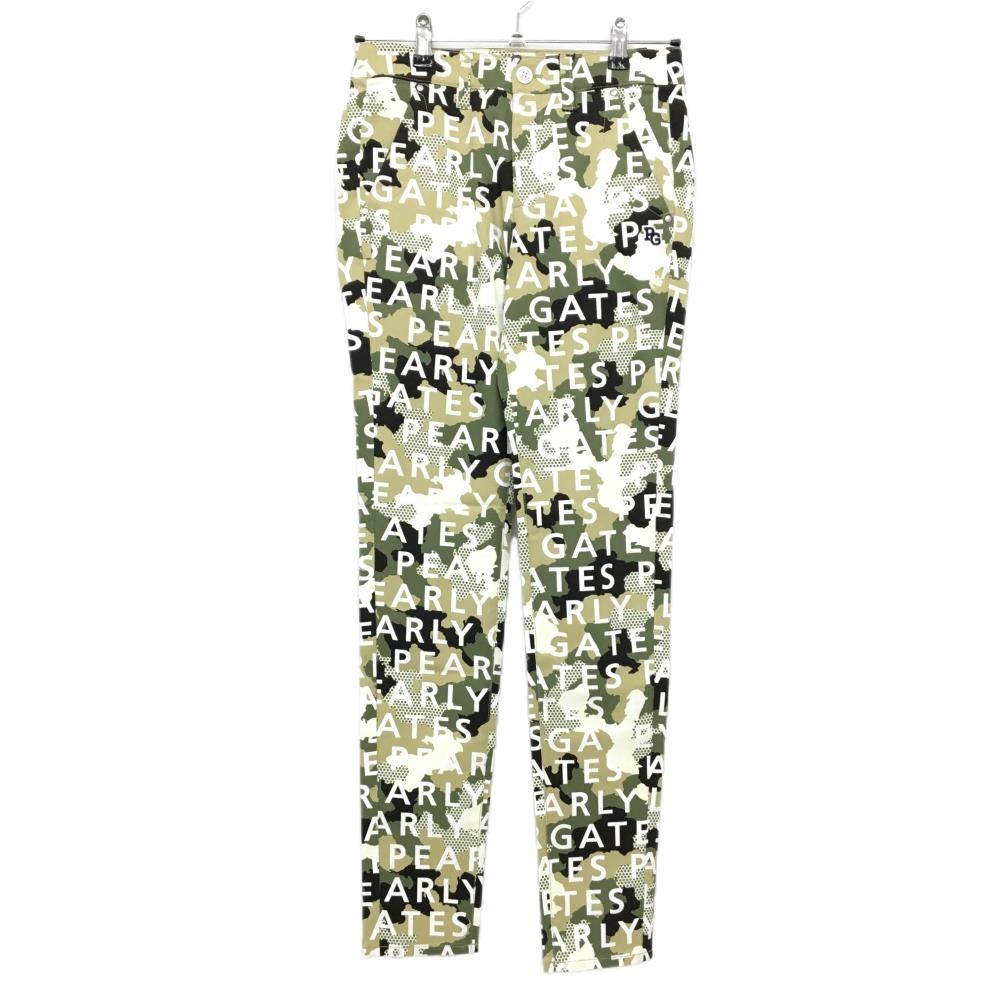 【新品】パーリーゲイツ パンツ カーキ×白 ロゴ総柄 カモフラ調 迷彩 ロゴ刺しゅう レディース 0(S) ゴルフウェア PEARLY GATES
