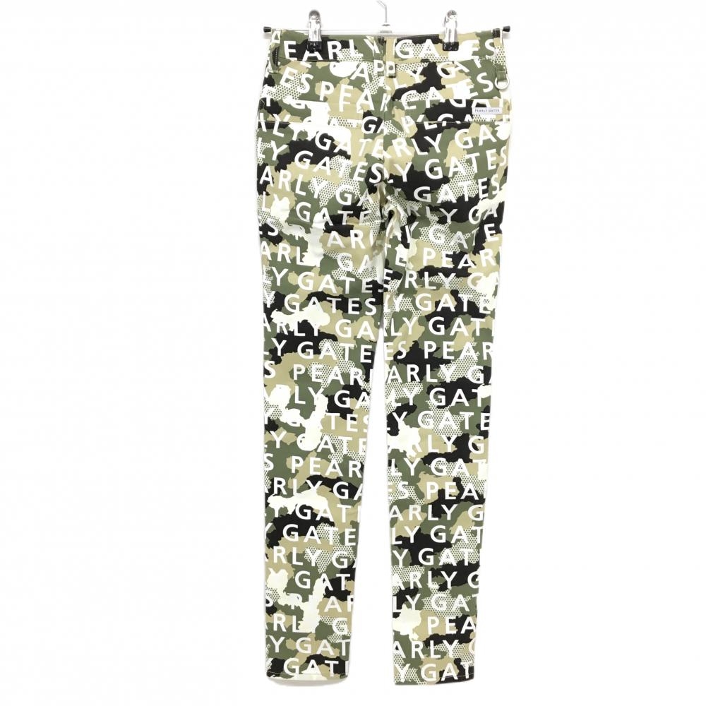 【新品】パーリーゲイツ パンツ カーキ×白 ロゴ総柄 カモフラ調 迷彩 ロゴ刺しゅう レディース 00(XS) ゴルフウェア PEARLY GATES