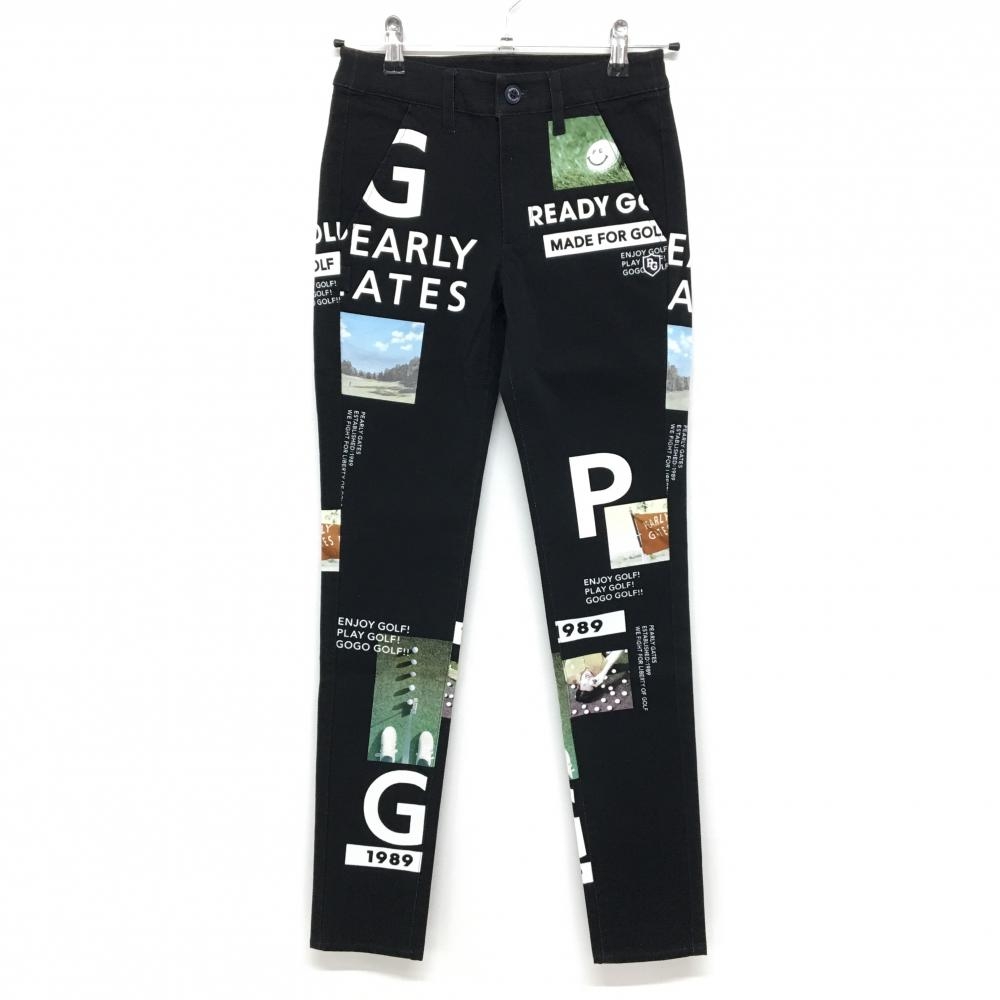 【新品】パーリーゲイツ パンツ 黒×白 写真風 PGニコちゃん ロゴ刺しゅう レディース 00(XS) ゴルフウェア PEARLY GATES