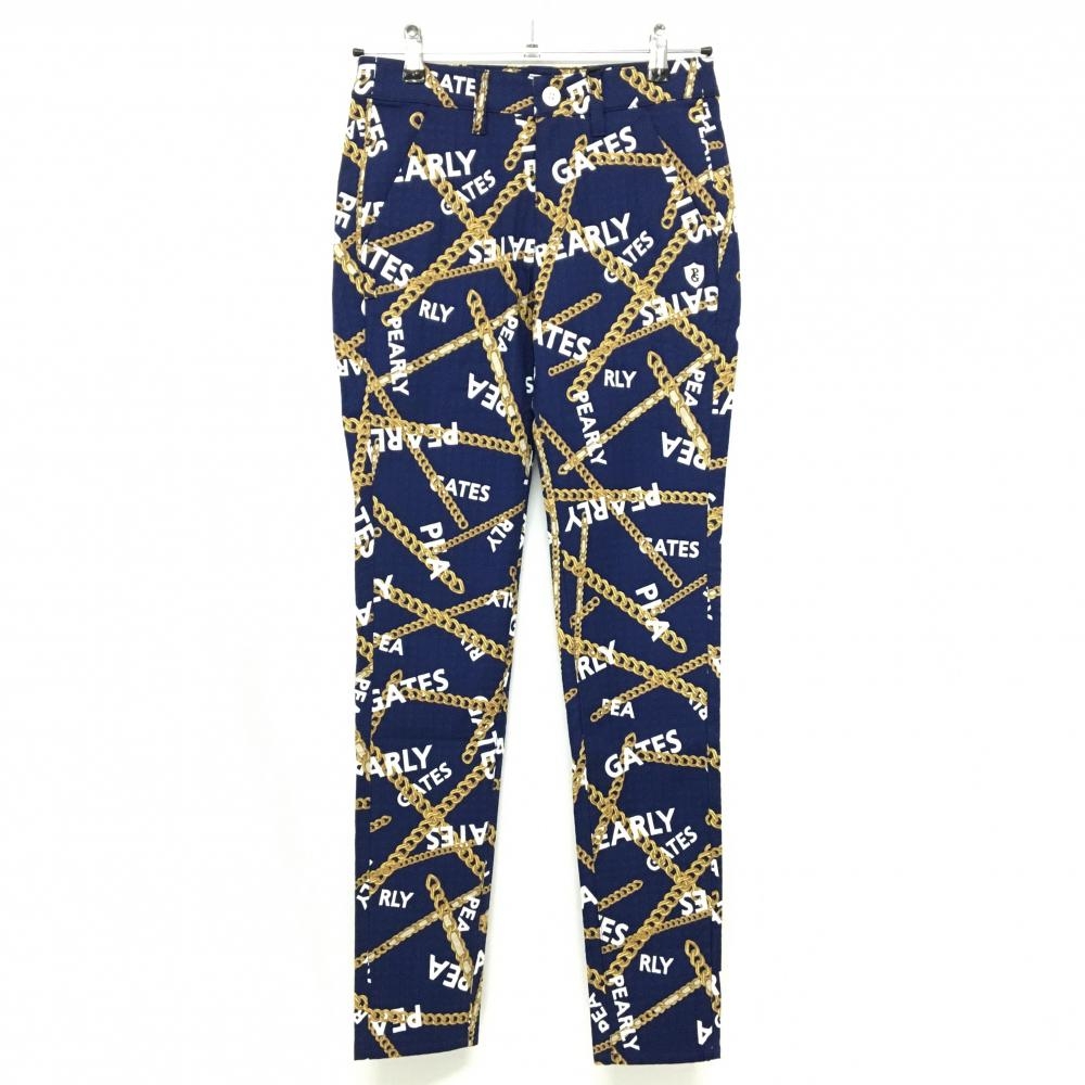 【新品】パーリーゲイツ パンツ ネイビー×ゴールド チェーン柄 織生地 レディース 0(S) ゴルフウェア PEARLY GATES
