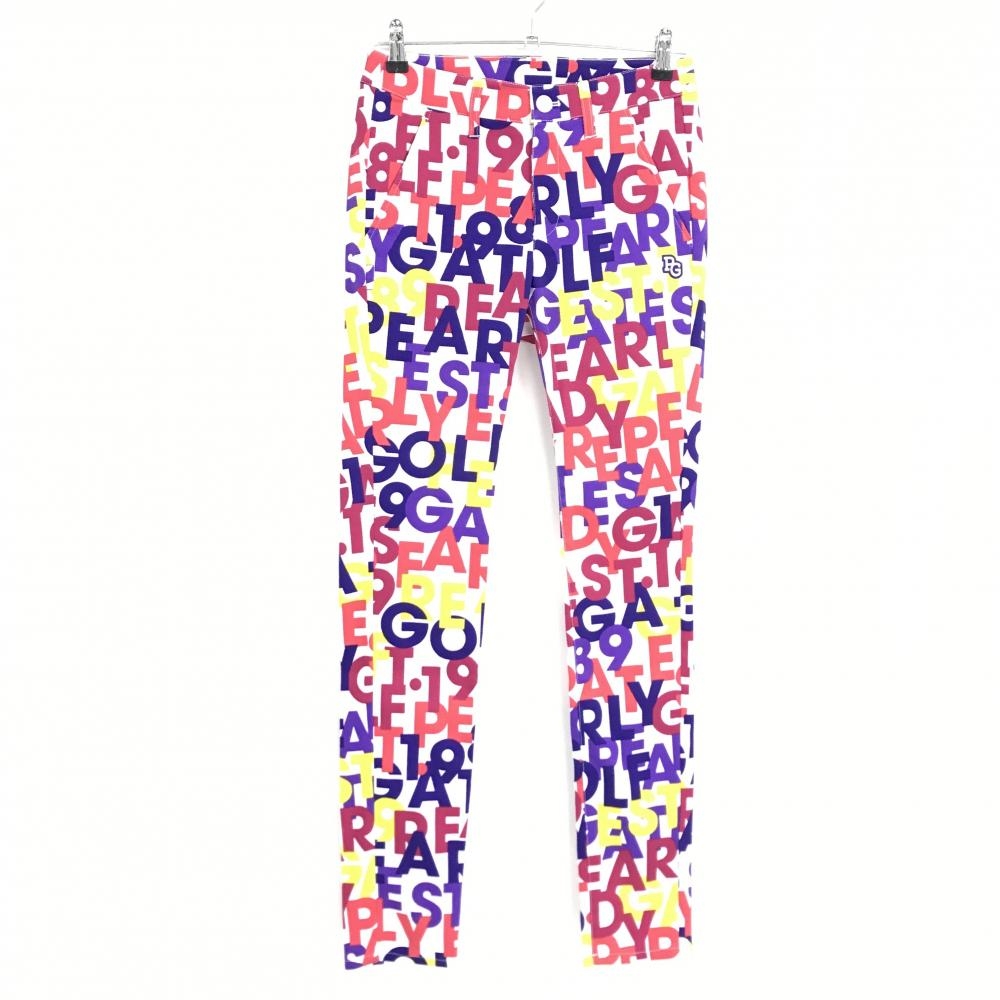 【新品】パーリーゲイツ パンツ 白×マルチカラー ロゴ英字総柄 ロゴ刺しゅう レディース 0(S) ゴルフウェア PEARLY GATES