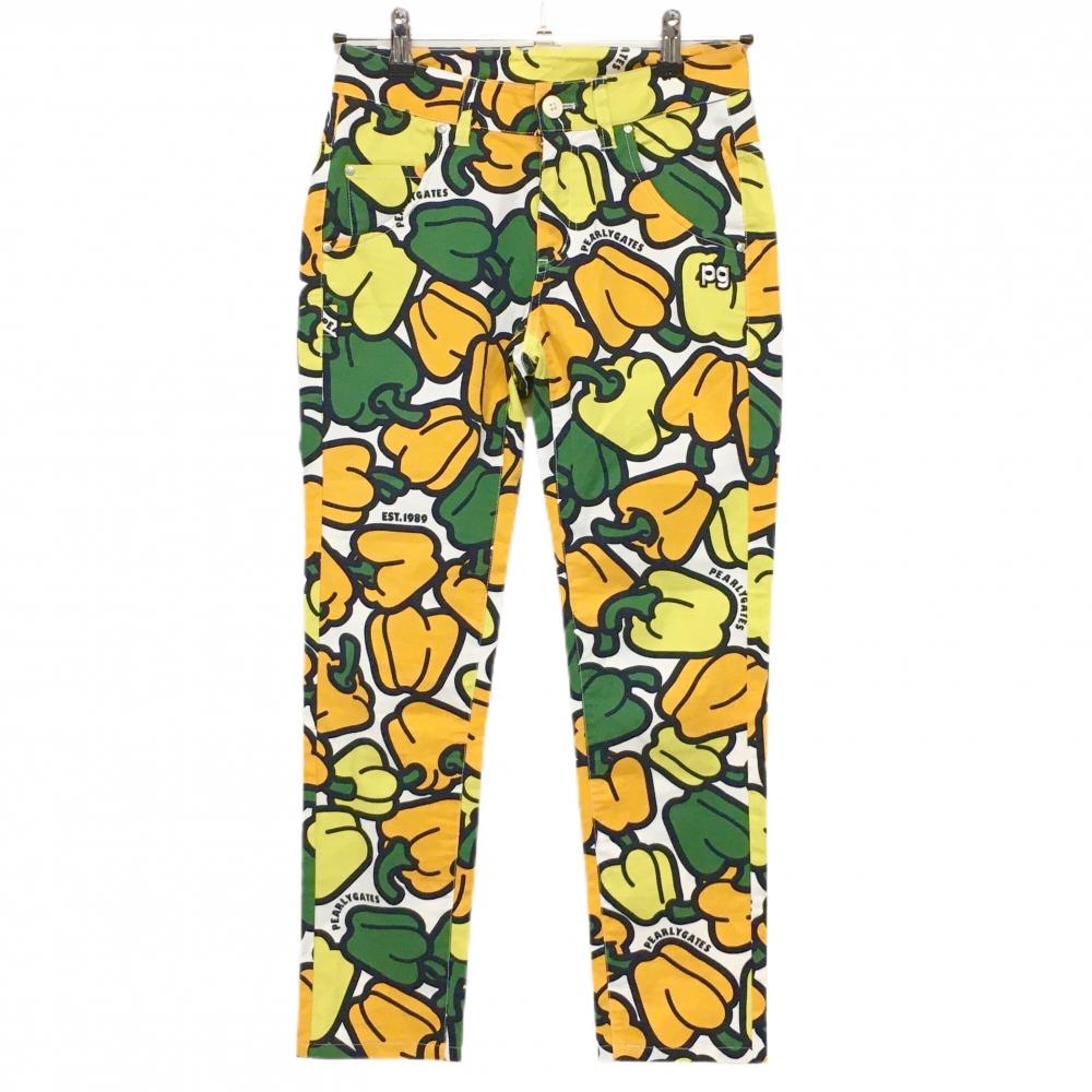 【超美品】パーリーゲイツ パンツ オレンジ×グリーン×イエロー パプリカ総柄 ストレッチ  レディース 00(XS) ゴルフウェア PEARLY GATES