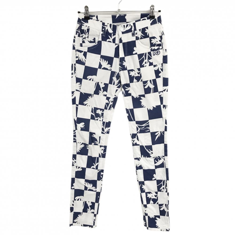 パーリーゲイツ パンツ 白×ネイビー 総柄 ブロックチェック 花 ストレッチ 内側30周年 レディース 00(XS) ゴルフウェア PEARLY GATES