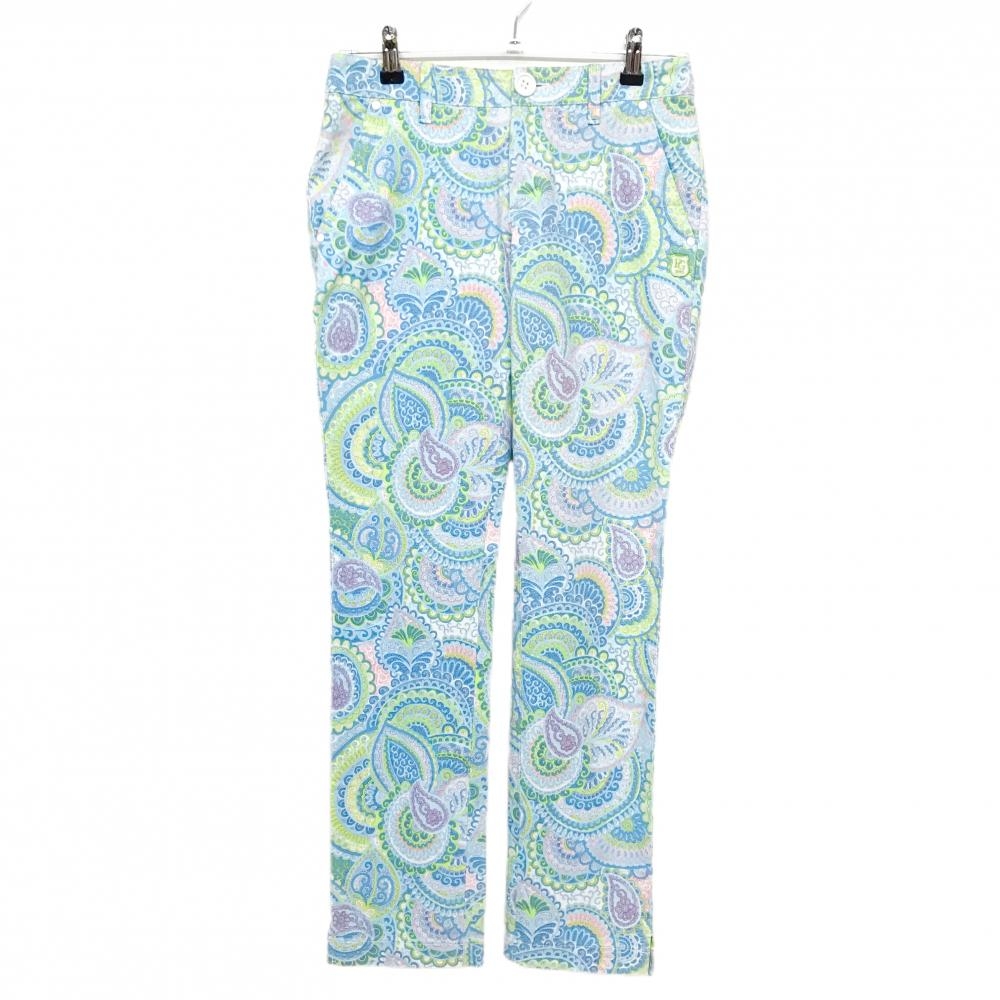 【美品】パーリーゲイツ パンツ ライトブルー×ライトグリーン 総柄 コットン混 レディース 0(S) ゴルフウェア PEARLY GATES