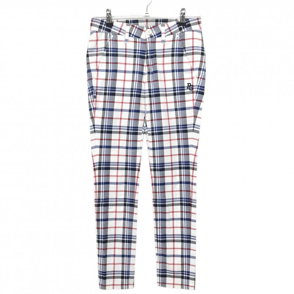 パーリーゲイツ パンツ 白×ブルー チェック コットン混 ストレッチ レディース 0(S) ゴルフウェア PEARLY GATES