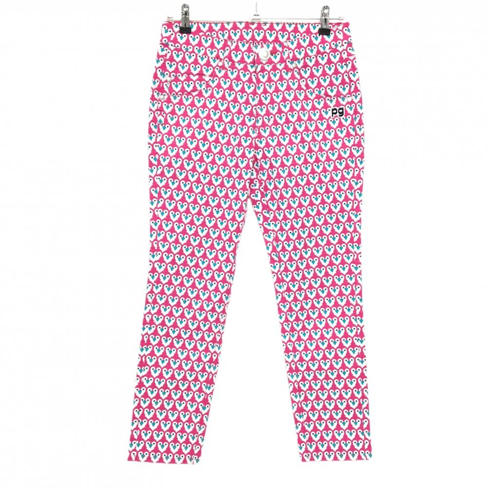 【超美品】パーリーゲイツ パンツ 白×ピンク 総柄 ストレッチ 30周年 内側ニコちゃん レディース 1(M) ゴルフウェア PEARLY GATES