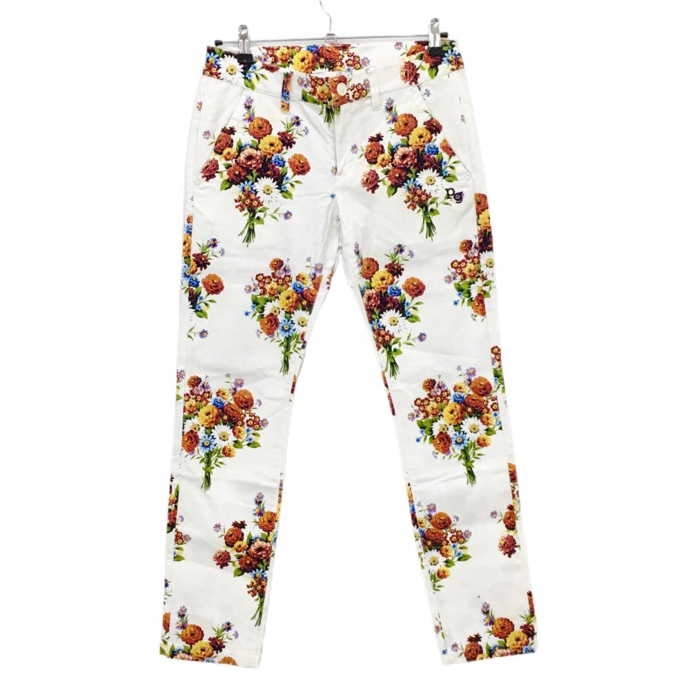 【超美品】パーリーゲイツ パンツ 白×レッド系 花束柄 ストレッチ レディース 1(M) ゴルフウェア PEARLY GATES