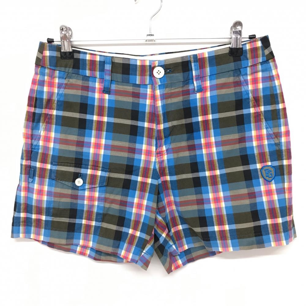 【超美品】パーリーゲイツ ショートパンツ カーキ×ライトブルー チェック コットン混 レディース 1(M) ゴルフウェア PEARLY GATES