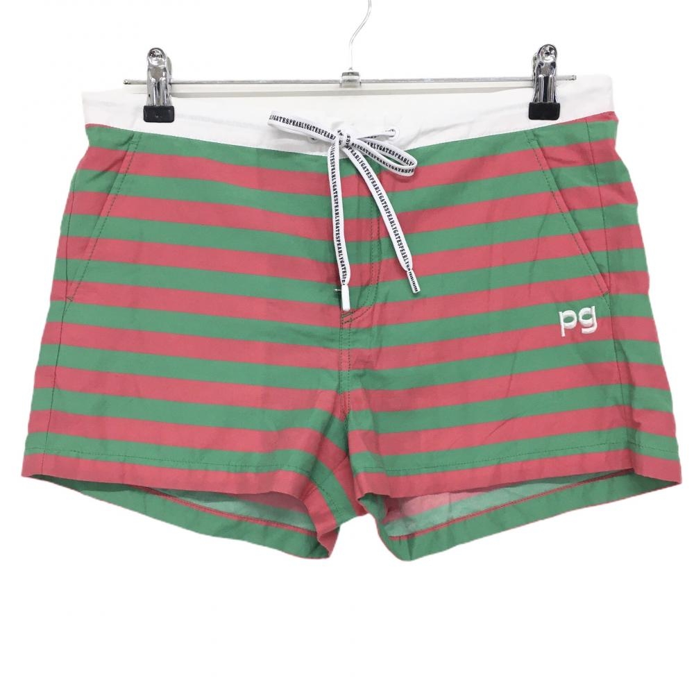 【美品】パーリーゲイツ×Lemar ショートパンツ グリーン×レッド ボーダー ウエスト調整紐 レディース 1 ゴルフウェア PEARLY GATES
