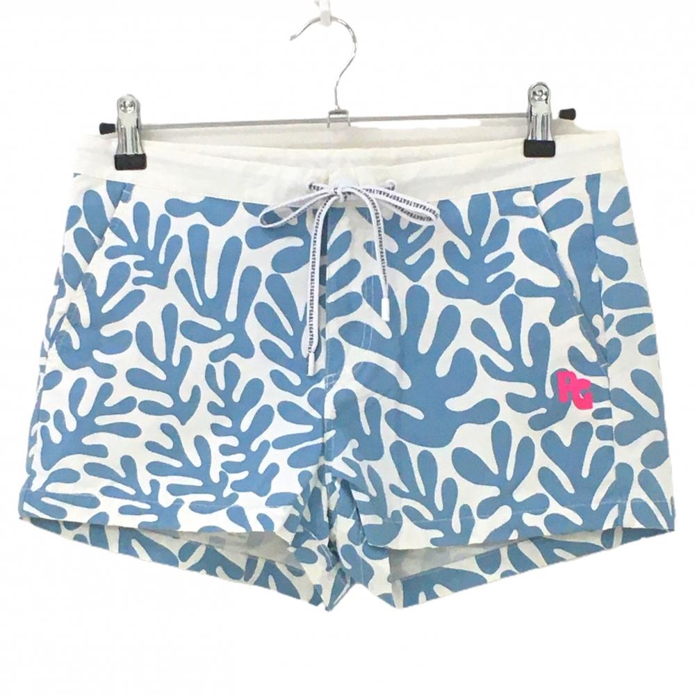 パーリーゲイツ ショートパンツ 白×ライトブルー 総柄 ウエスト調整紐  レディース 1(M) ゴルフウェア PEARLY GATES