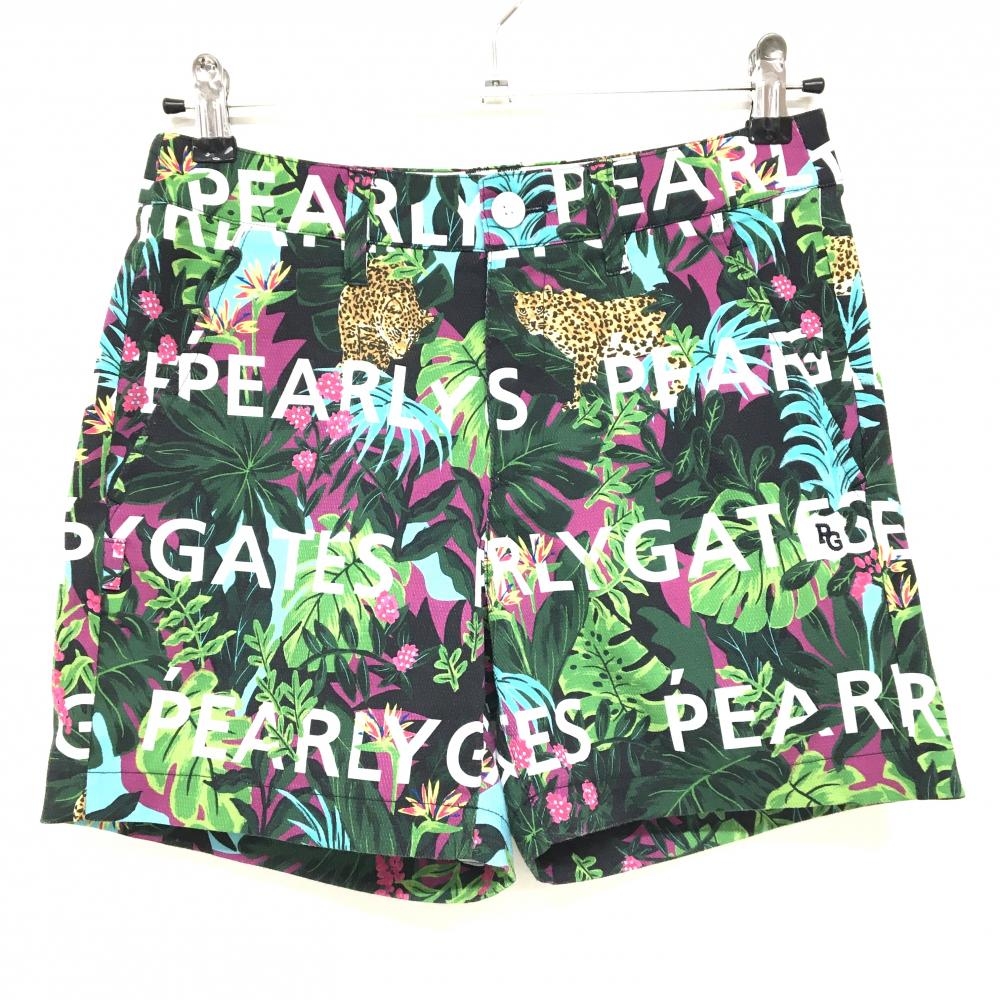 パーリーゲイツ ショートパンツ グリーン×パープル 総柄 リーフ ヒョウ  レディース 00(XS) ゴルフウェア PEARLY GATES