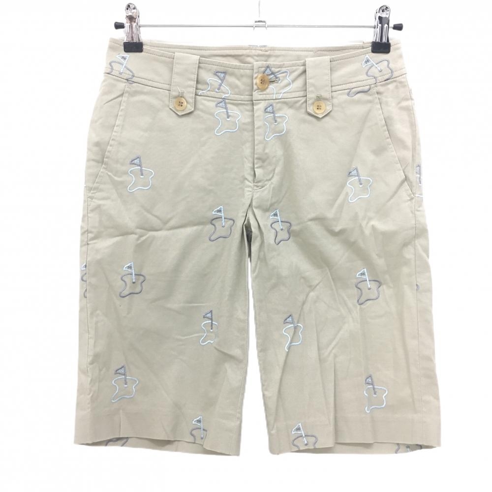 【美品】パーリーゲイツ ハーフパンツ ベージュ×ライトブルー 総柄刺しゅう レディース 0(S) ゴルフウェア PEARLY GATES