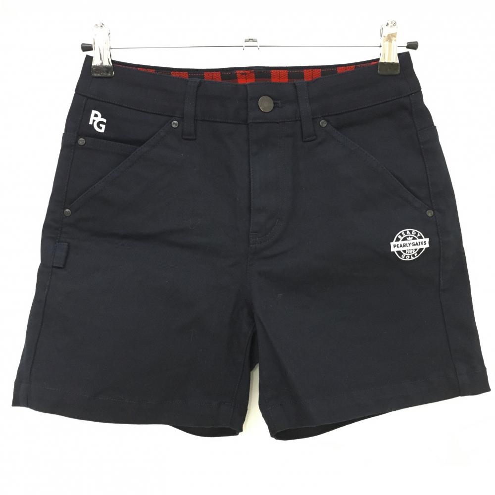 【超美品】パーリーゲイツ ショートパンツ ネイビー×白 バックロゴ ベルト部裏チェック レディース 00(XS) ゴルフウェア PEARLY GATES