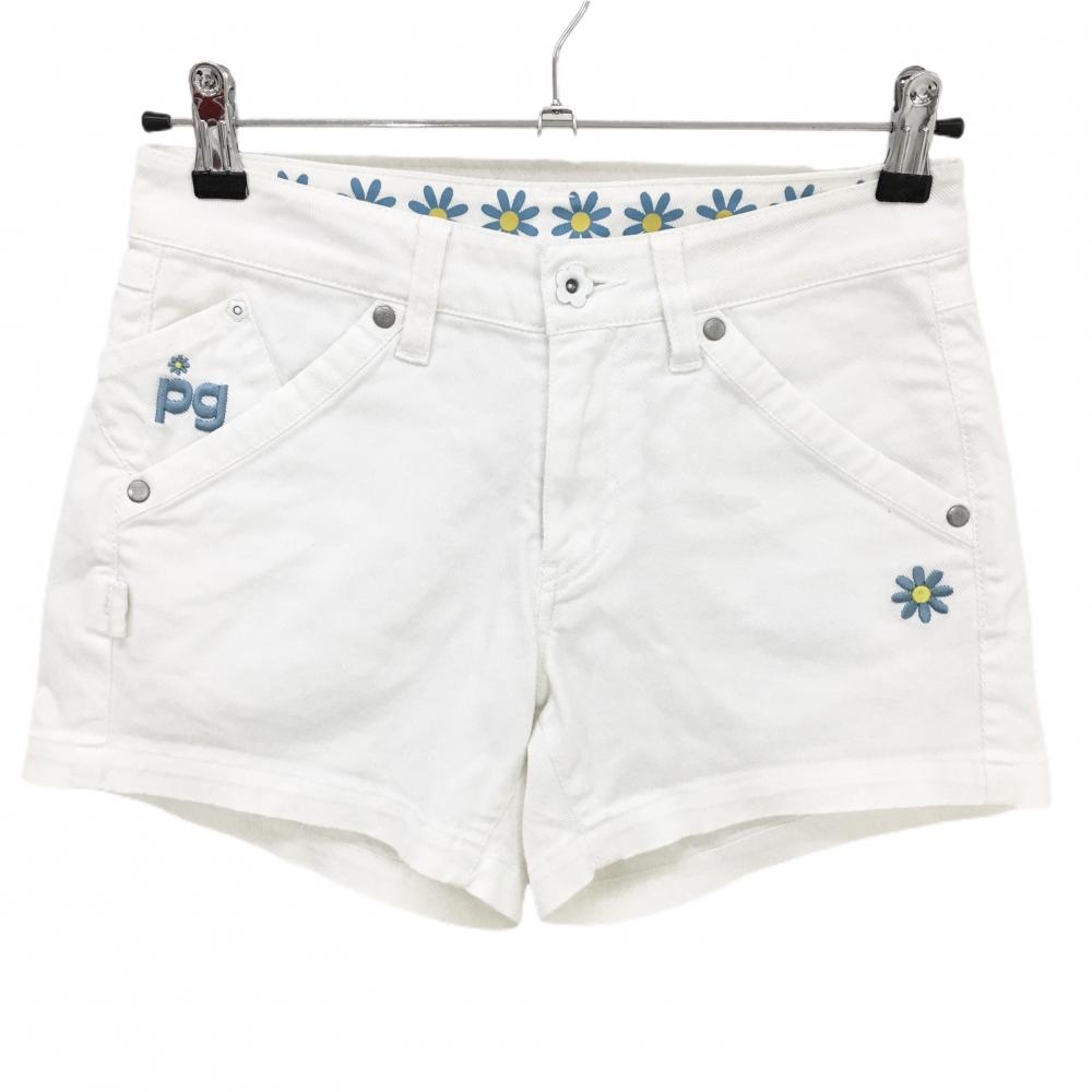 【美品】パーリーゲイツ ショートパンツ 白×ライトブルー 花刺しゅう レディース 00(XS) ゴルフウェア PEARLY GATES