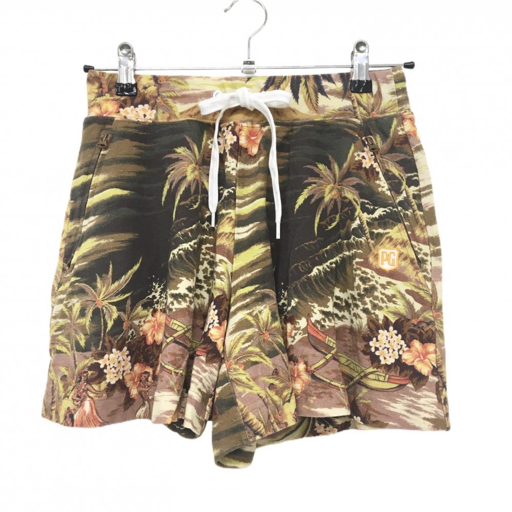 【美品】パーリーゲイツ ショートパンツ ブラウン系 ハワイアン風景柄 ウエストゴム レディース 0(S) ゴルフウェア PEARLY GATES