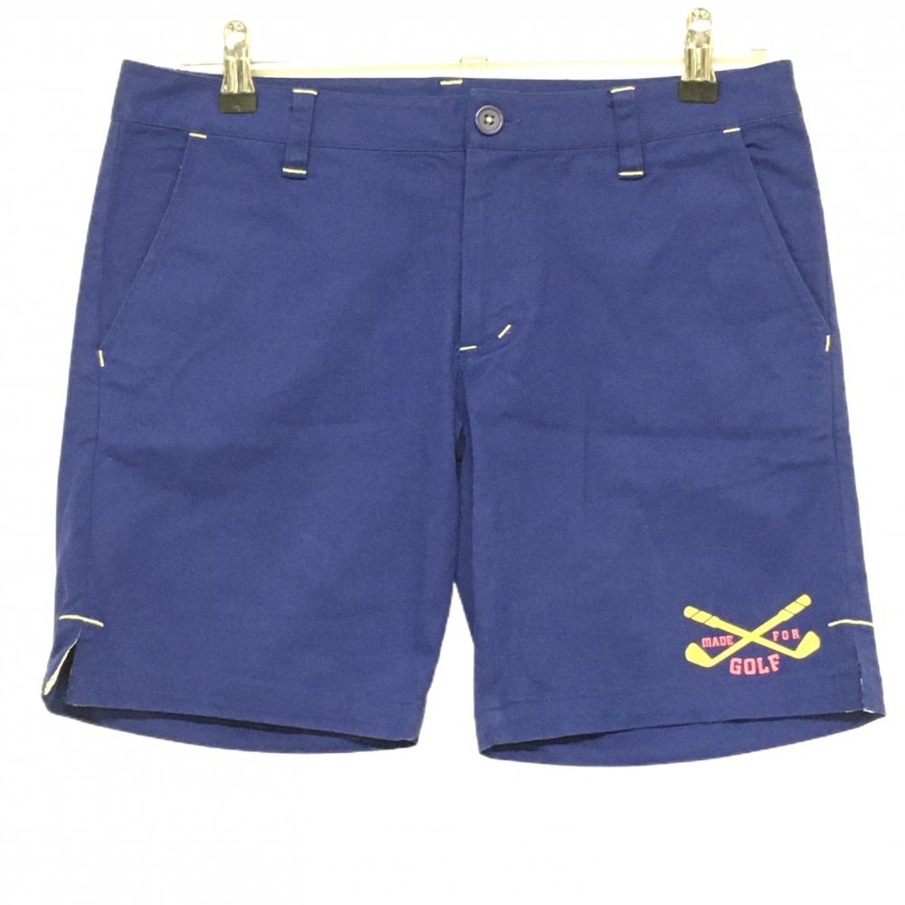 【美品】パーリーゲイツ ショートパンツ ブルー×イエロー ロゴプリント レディース 2(L) ゴルフウェア PEARLY GATES