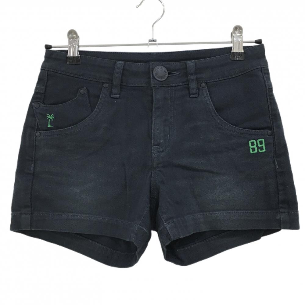 【美品】パーリーゲイツ ショートパンツ 黒×グリーン ダメージ加工 ロゴ刺しゅう  レディース 0(S) ゴルフウェア PEARLY GATES