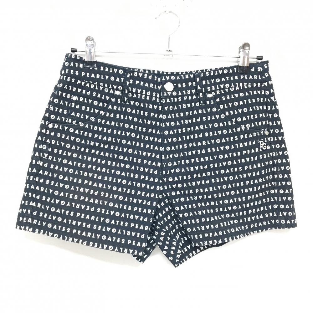 【美品】パーリーゲイツ ショートパンツ ネイビー×白 ロゴ総柄 レディース 1(M) ゴルフウェア PEARLY GATES