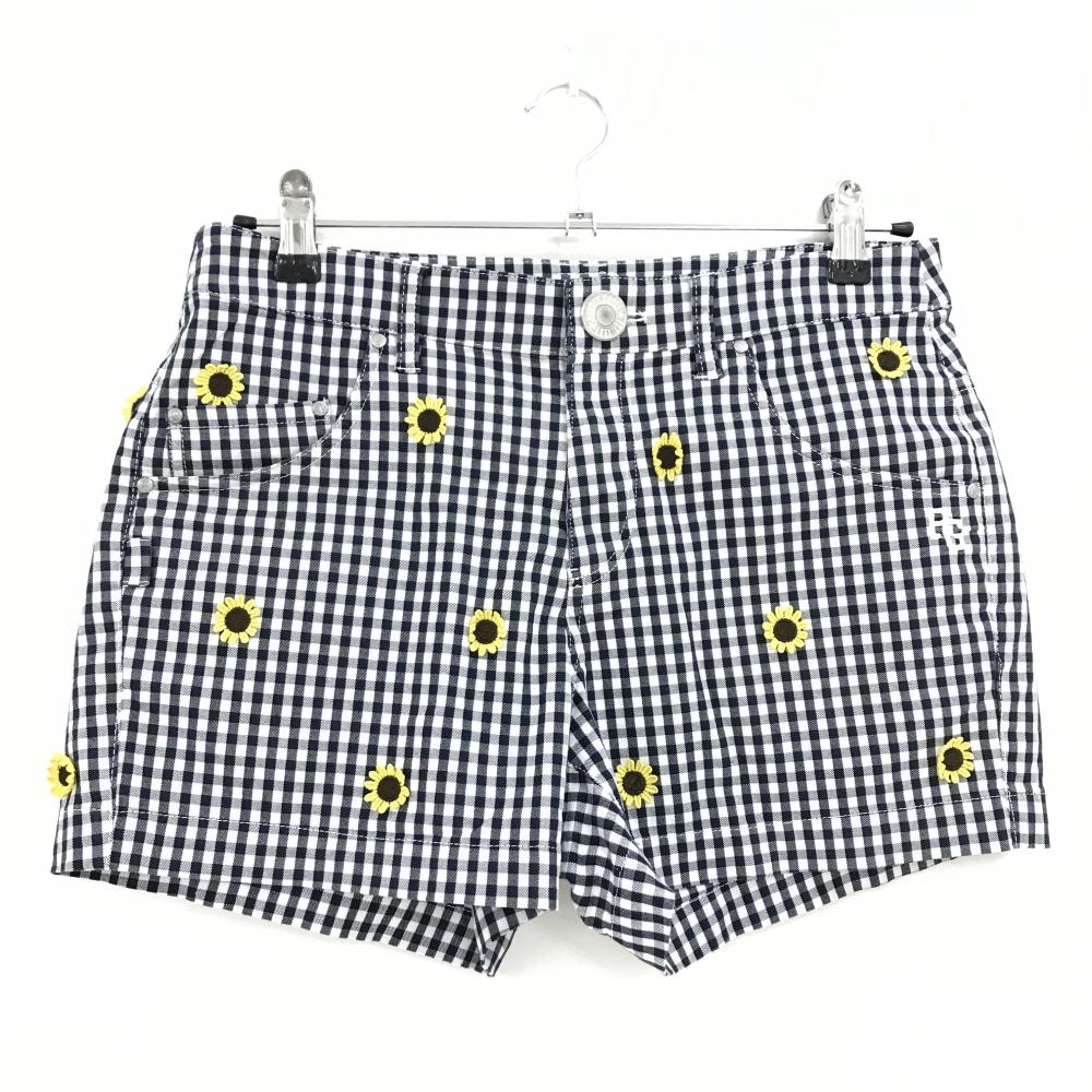 【美品】パーリーゲイツ ショートパンツ ネイビー×白 チェック ひまわり 内側30周年 レディース 1(M) ゴルフウェア PEARLY GATES