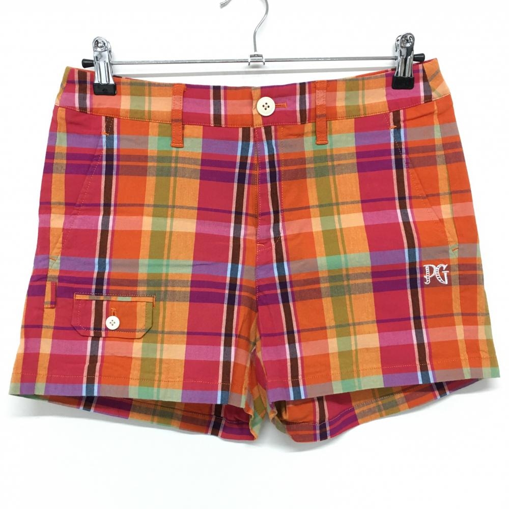 【美品】パーリーゲイツ ショートパンツ オレンジ×ピンク チェック ロゴ刺しゅう レディース 1(M) ゴルフウェア PEARLY GATES