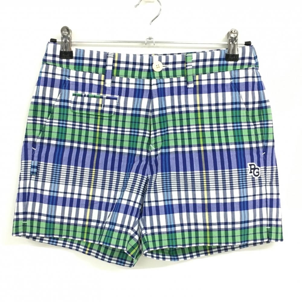 【超美品】パーリーゲイツ ショートパンツ ネイビー×白×グリーン チェック 内側ニコちゃん レディース 0(S) ゴルフウェア PEARLY GATES