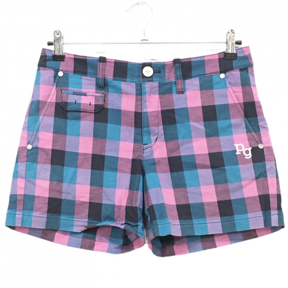 【美品】パーリーゲイツ ショートパンツ ピンク×ライトブルー チェック  レディース 2(L) ゴルフウェア PEARLY GATES