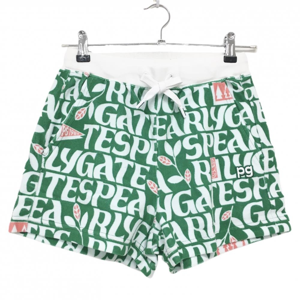 【新品】パーリーゲイツ ショートパンツ グリーン×白 ロゴ総柄 パイル地 ウエストゴム 調節紐 レディース 0(S) ゴルフウェア PEARLY GATES
