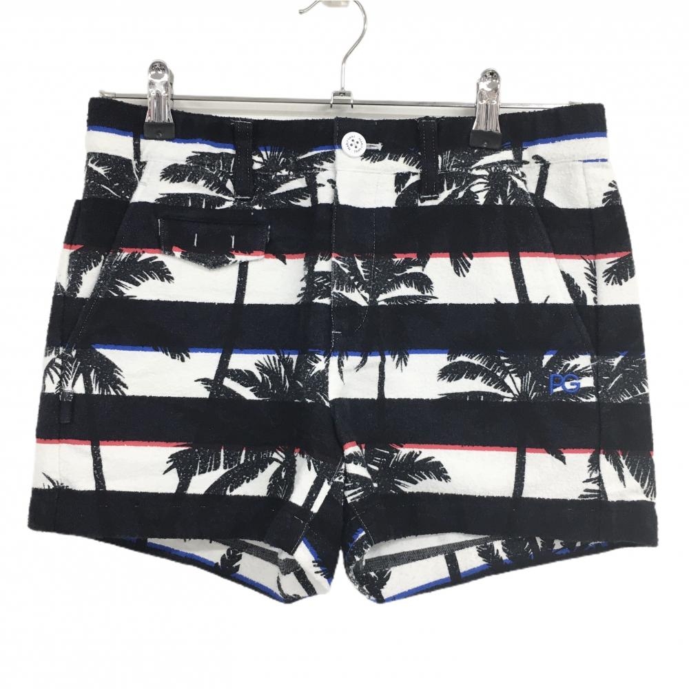 【新品】パーリーゲイツ ショートパンツ 黒×白 ボーダー ヤシの木柄 薄手パイル風生地 レディース 1(M) ゴルフウェア PEARLY GATES