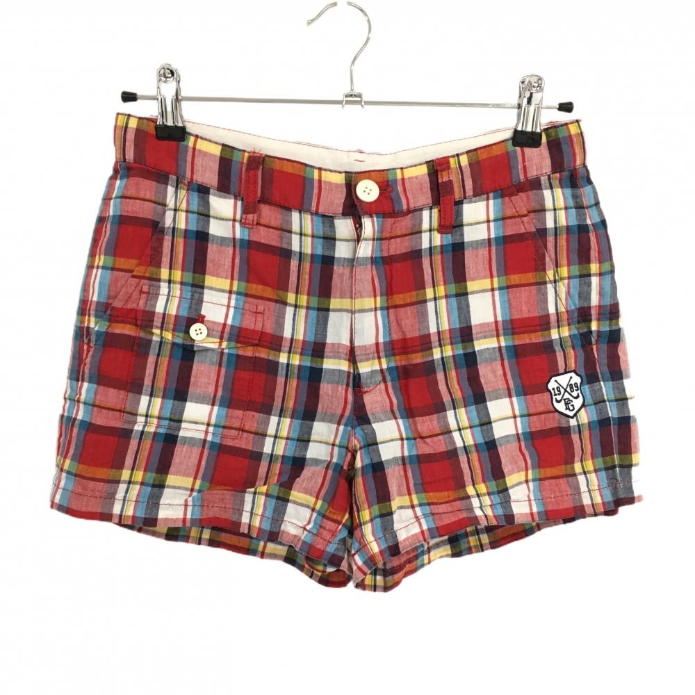 【超美品】パーリーゲイツ ショートパンツ レッド×白×イエロー チェック 麻100％  レディース 0(S) ゴルフウェア PEARLY GATES